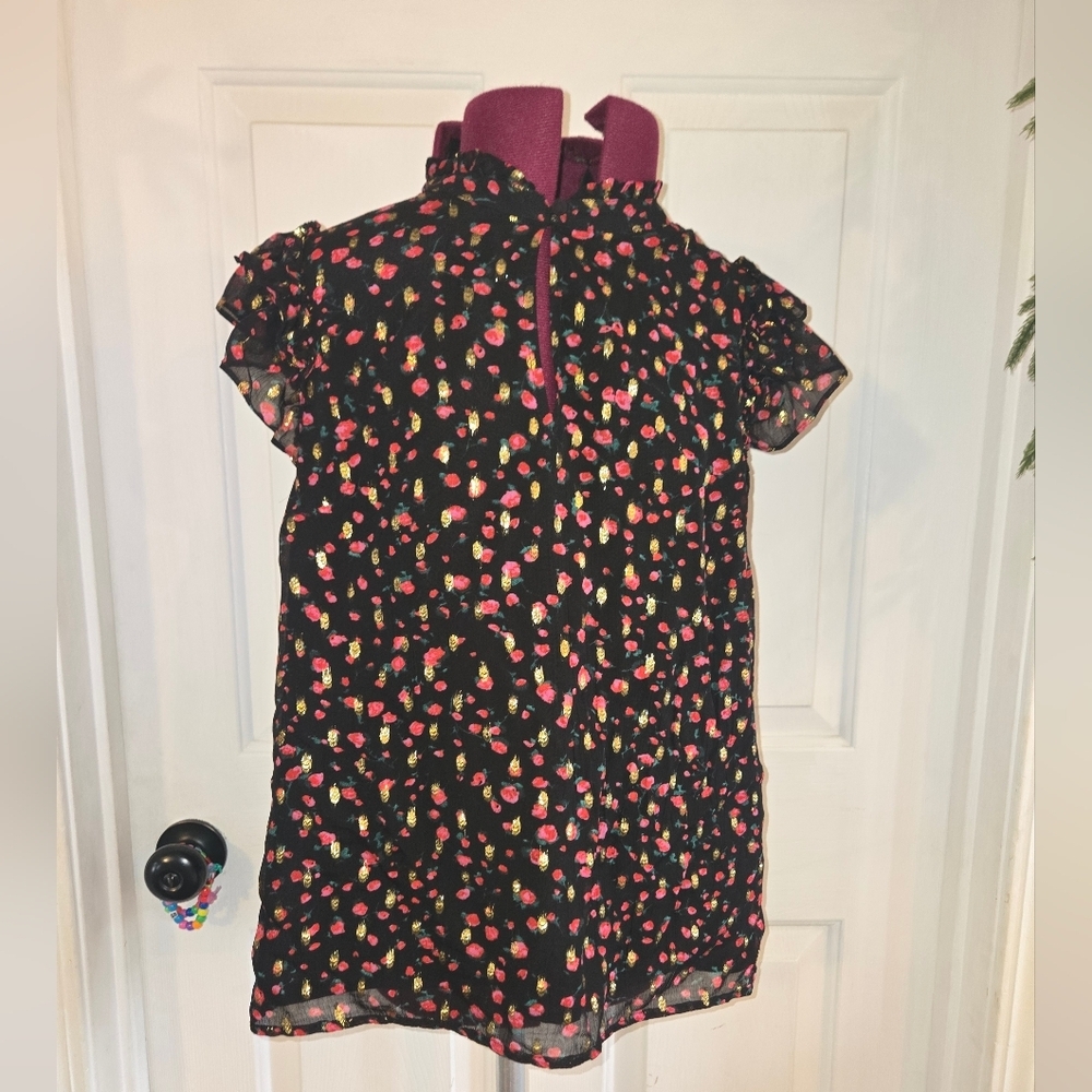 J. Crew Black Red Gold Ruffle Flutter Sleeve Floral Top Medium